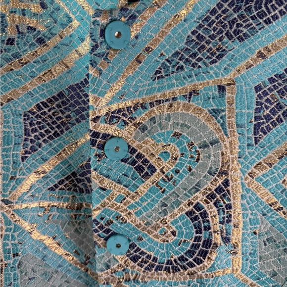 Chico’s blazer Jacket Teal Gold Geometric Open Front size 10 - Picture 7 of 9